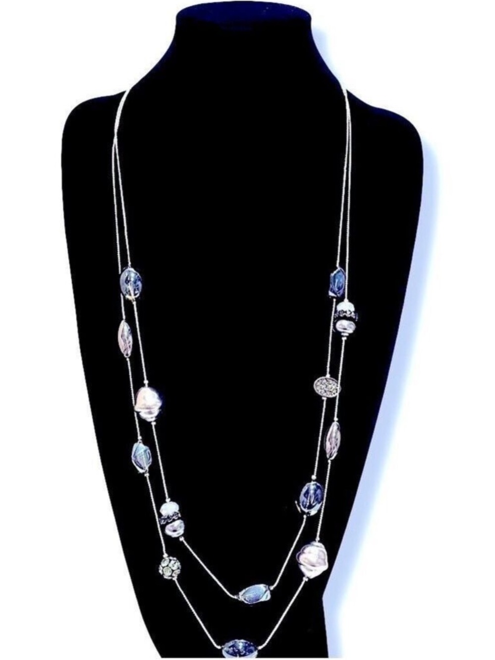 CHICO’S Blue/Gray Iridescent Stone Station Day-to-Night Layered Necklace | NWT